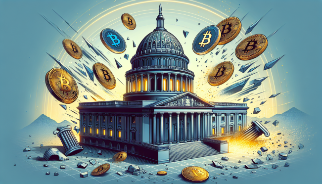 A dynamic illustration of the US Capitol building with Bitcoin symbols and shattered Federal Reserve emblems, signifying the push to abolish the central banking system, inspired by the book 'The Bitcoin Standard'.