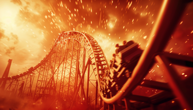 A dramatic visual of a rollercoaster plummeting downward, symbolizing the massive drop in meme coin values. Celebrities and meme icons in the background, with a spotlight on Solana coin imagery.