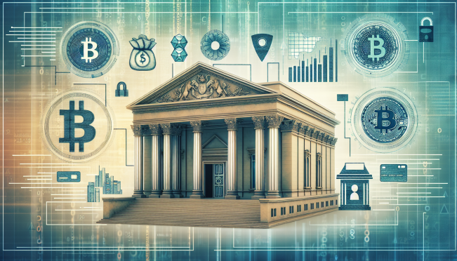 An image showing the Central Bank of Ecuador building with a background of cryptocurrency icons and graphs. Include a visual representation of the US dollar and biometric data symbols to highlight the themes of regulation and digital currency.