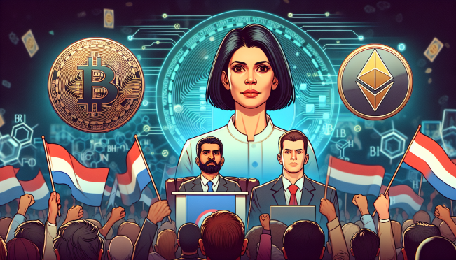 A political rally scene featuring Kamala Harris with digital currency symbols like Bitcoin and Ethereum in the background, juxtaposed with images of Charles Hoskinson and Tyler Winklevoss expressing concern.