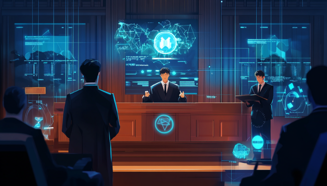 A courtroom scene with a judge making a ruling, digital assets like WEMIX tokens floating around, and two distinct legal teams representing Terra co-founder Daniel Shin and Wemade CEO Park Kwan-ho, emphasizing the high-stakes nature of the case and digital assets.