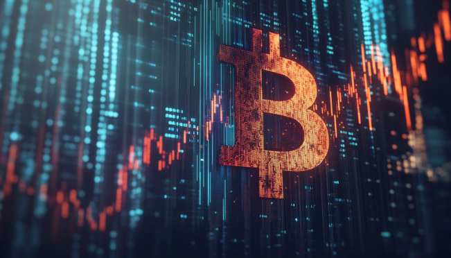 A dynamic image showcasing a Bitcoin symbol prominently, with elements representing Nasdaq and CME Group, such as stock exchange buildings or trading screens. Include visual cues of growth and liquidity, like upward arrows or increasing charts.