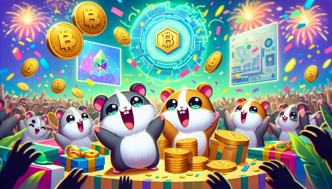 A dynamic and colorful scene featuring characters from the Telegram game Hamster Kombat celebrating the launch of the HMSTR token, with elements of blockchain technology and Binance branding in the background.