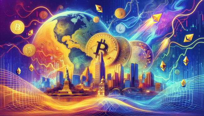 An artistic representation of Latin America with symbols of cryptocurrency like Bitcoin, Ethereum logos, and blockchain technology. Include landmarks from countries like Chile, Brazil, and Bolivia, and integrate elements like stock exchanges, digital wallets, and lightning bolts to symbolize innovation and financial growth.