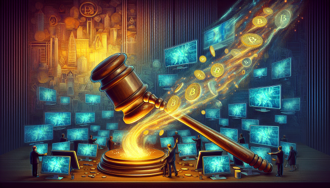 A digital illustration of a gavel striking down on computer screens displaying crypto wallets, with digital currencies flowing out and symbols of North Korea in the background, embodying the crackdown on North Korean cyber operations.