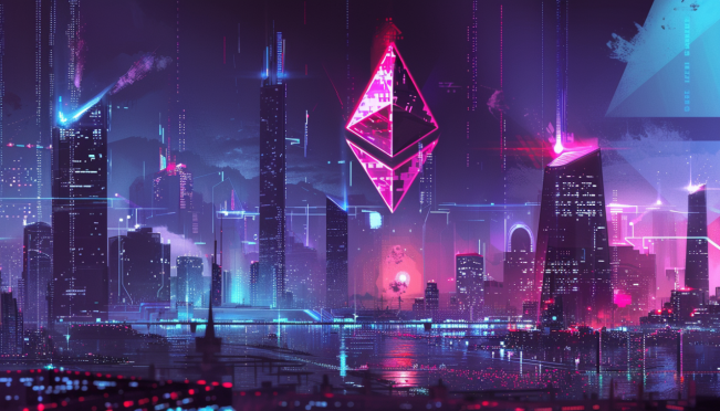 A futuristic digital illustration showing Ethereum tokens being restaked, with a backdrop of a modern financial cityscape. Include elements that represent both Galaxy Ventures and Brevan Howard, such as their logos or symbolic references. Make it visually engaging with a blend of technology and finance themes.