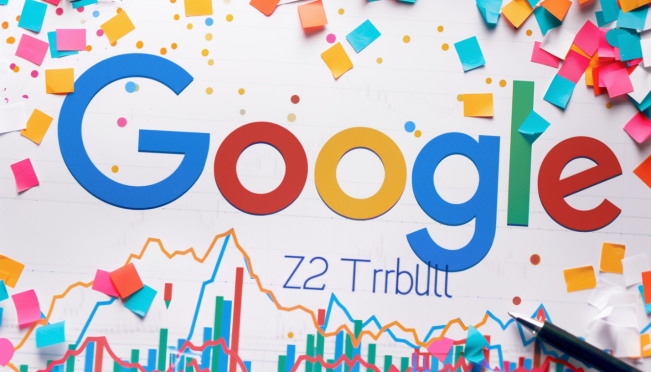 Illustration of Google's logo with celebratory confetti, surrounded by rising stock graphs and a giant '$2 Trillion' text banner to capture the essence of Google surpassing the $2 trillion market cap milestone in the technology sector.