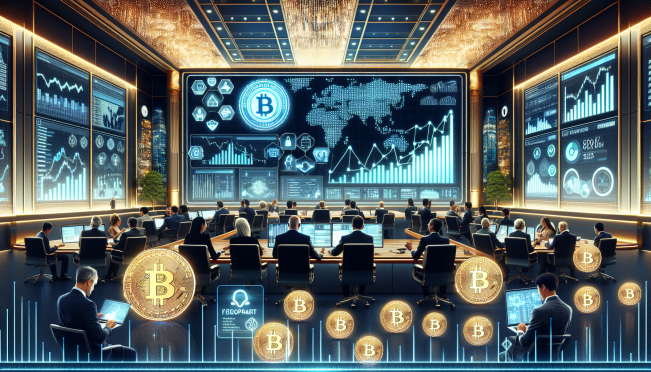 A sophisticated financial setting in Thailand with digital Bitcoin symbols, wealthy investors analyzing portfolios, and a prominent display of the SEC's approval stamp. Include elements that represent security and global investment standards.