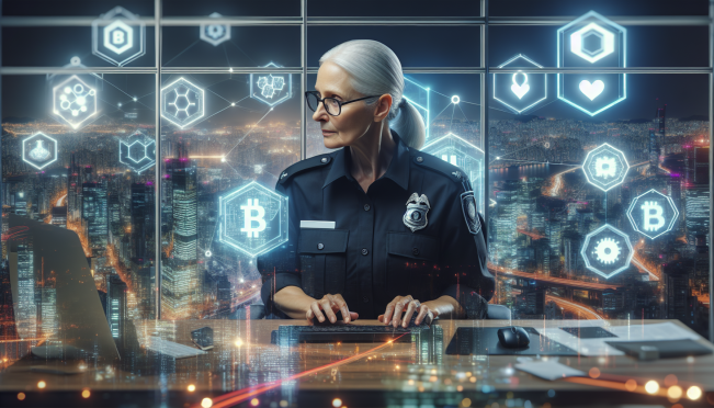 A senior police officer in a modern office setting, surrounded by digital crypto symbols and graphs, with a backdrop of Seoul's Gangnam District skyline. The scene should convey tension and investigation.