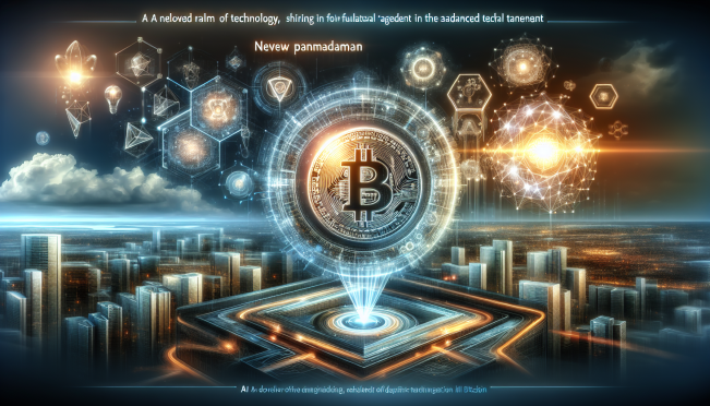 A futuristic illustration of Bitcoin intertwined with AI elements, showcasing digital currencies and artificial intelligence coming together to form a new paradigm in technology.