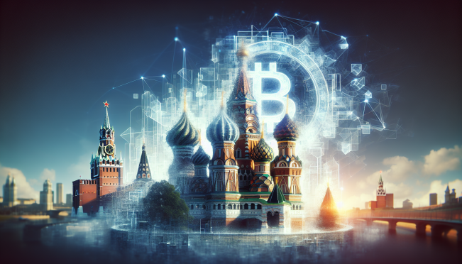 A futuristic image of the Russian Central Bank's digital ruble, featuring a blend of traditional Russian architecture and modern digital elements, symbolizing the integration of blockchain technology into the financial system.