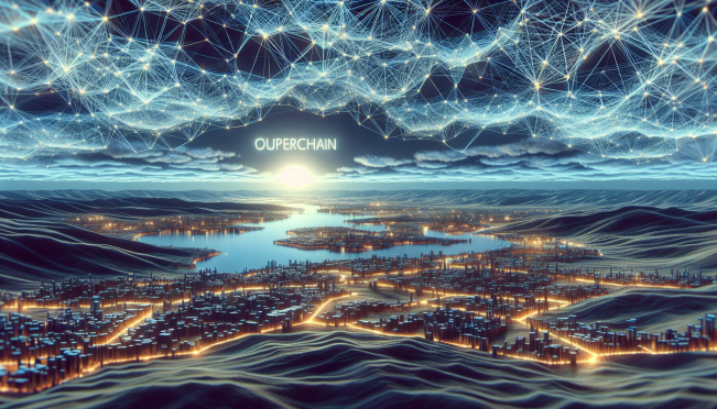 A futuristic digital landscape illustrating the interconnected networks of Optimism's Superchain, with layers of blockchain networks interweaving and expanding into the horizon, symbolizing innovation, scalability, and the future of decentralized technology.