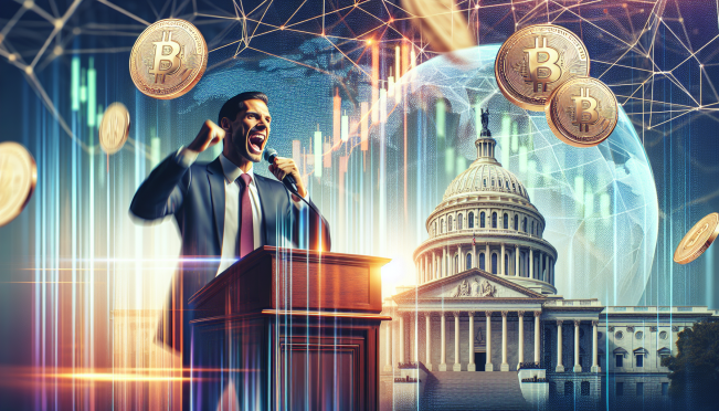 A dynamic scene featuring Paul Ryan speaking at a podium with the U.S. Capitol in the background, dollar-backed stablecoins symbolized as digital coins floating around, and a world map illustrating global financial connections.