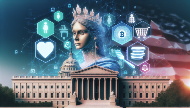 A digital collage featuring Melania Trump with elements of blockchain technology, NFTs, and symbols of foster care support, set against the backdrop of the White House.