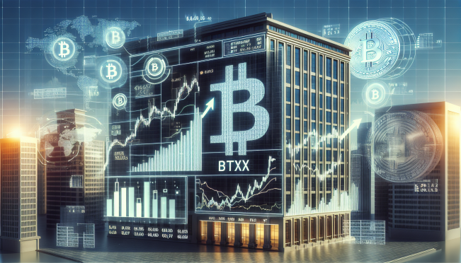 An image of a stock market ticker displaying the symbol BTXX, representing DigitalX's Bitcoin ETF, with a backdrop of the Australian Securities Exchange building. Include elements like rising charts and Bitcoin symbols to signify growth and investment.