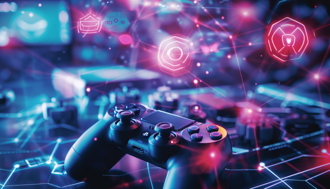 An image showing a futuristic, vibrant gaming world powered by blockchain technology, highlighting both Solana and Mirror World's Sonic protocol with elements such as virtual reality, digital assets, and interconnected networks.