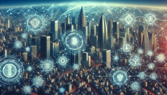 A futuristic cityscape with digital nodes representing decentralized finance networks, surrounded by transparent, protective barriers symbolizing regulatory sandboxes, with diverse global landmarks in the background.