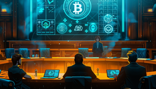 A courtroom scene with two parties exchanging crypto tokens and NFTs, featuring prominent assets like CryptoPunks and Fidenzas, with a backdrop of blockchain symbols and a calendar showing a 12-month timeline.