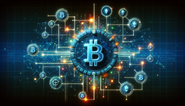 An illustration of SBI VC Trade as a futuristic node in the XRP Ledger network, with digital connections and XRP coin symbols, emphasizing its role as a validator and contributor to blockchain integrity