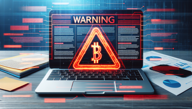 A digital newsletter opened on a computer screen with a large red warning sign overlaying an email, symbolizing alertness to phishing scams in the cryptocurrency sector