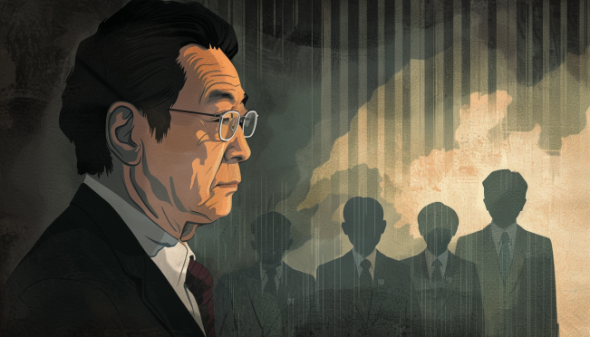 an illustration of Japanese Prime Minister Fumio Kishida in a thoughtful pose, with shadowy figures in the background representing the scandal, emphasizing themes of leadership, transparency, and accountability