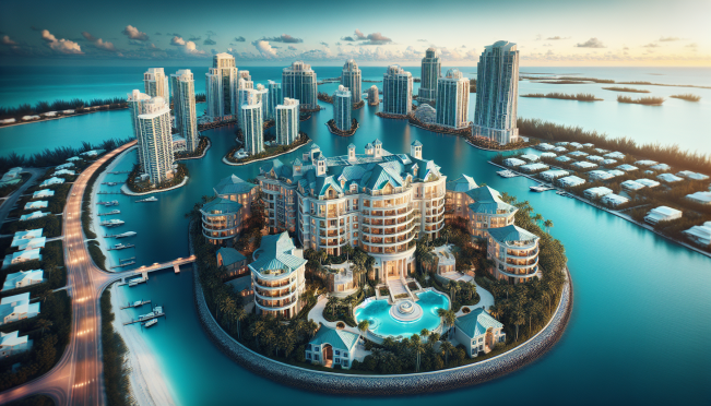 A luxurious penthouse in the Bahamas with a view of the ocean, surrounded by high-end condos and a gated community, symbolizing the opulence and exclusivity of the properties acquired by FTX.