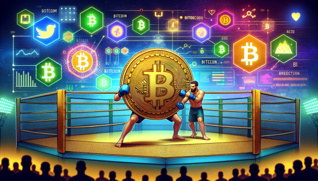 An illustration of Renato Moicano in the UFC octagon holding Bitcoin symbol, with digital finance icons and UFC 300 branding in the background, showcasing the intersection of sports and cryptocurrency.