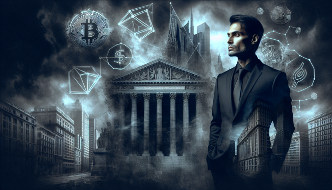 A professional-looking man in a suit, with a shadowy look, in front of a bank building. In the background, a dramatic depiction of cryptocurrency symbols and collapsing financial structures.