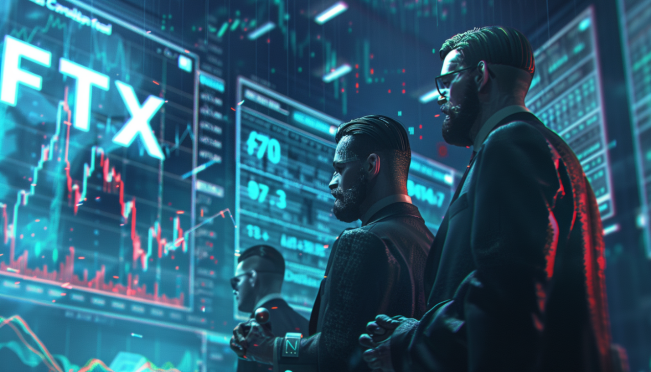 A dynamic auction scene with digital tokens symbolizing Solana, representatives from Pantera Capital and Figure Markets, and a background indicating a bankruptcy court. Add elements showing fluctuating market prices and a distressed FTX logo.