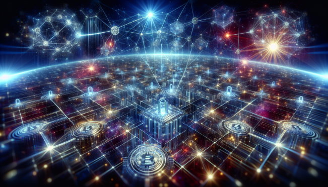 A futuristic depiction of interconnected blockchain networks secured by digital locks and chains, symbolizing enhanced cross-chain communication security.