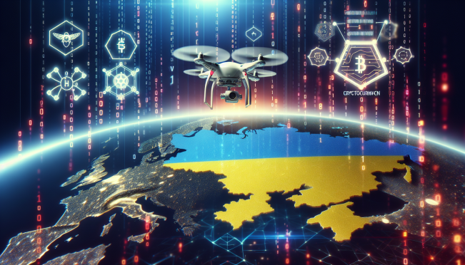 A digital illustration of a drone flying over a digital map of Russia and Ukraine, with blockchain patterns and crypto symbols in the background, highlighting the intersection of technology, conflict, and sanctions.