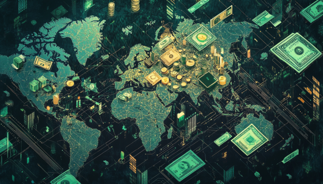 An illustration of a complex network of financial transactions with cryptocurrencies, cash, and stock distributions, highlighting platforms like Coinbase and PayPal, against a backdrop of a global map indicating the diverse locations of creditors.