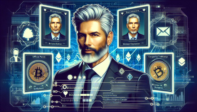 A digital artwork showcasing Donald Trump with a mix of digital trading cards featuring various themes, including his mugshot, staged against a backdrop of blockchain symbols and cryptocurrency icons.