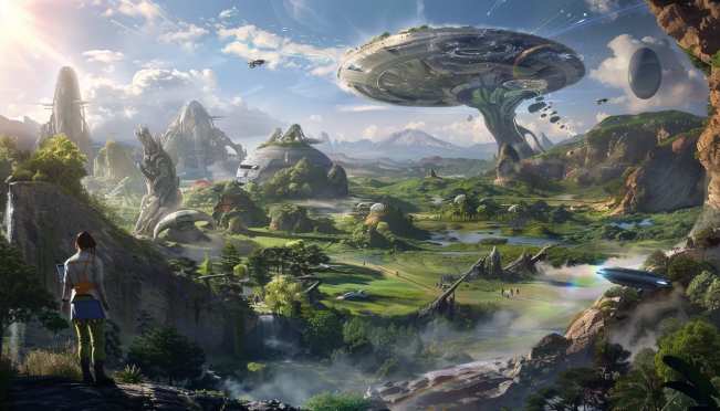 A sci-fi landscape blending with a real-world park, featuring futuristic alien creatures and augmented reality game elements, showcasing players interacting with the game using their smartphones under a bright, technologically advanced sky.