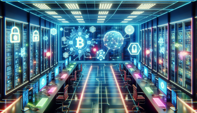 A futuristic data center with T-Mobile and Subsquid logos, worker nodes in operation, blockchain elements, and a secure, interconnected network.