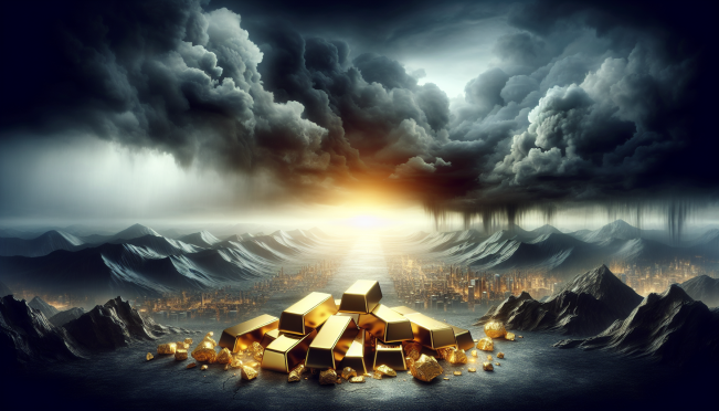 A dark, stormy economic forecast horizon with gold bars shining as beacons of hope amidst the chaos, symbolizing the role of gold as a hedge in turbulent economic times.