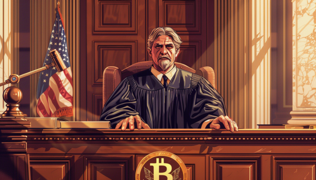 A courtroom scene with a judge ruling against a government regulatory body, featuring a prominent figure looking frustrated, symbolizing the clash between Ripple and the SEC. Include elements of blockchain and legal documents to represent the themes of cryptocurrency and regulatory challenges.