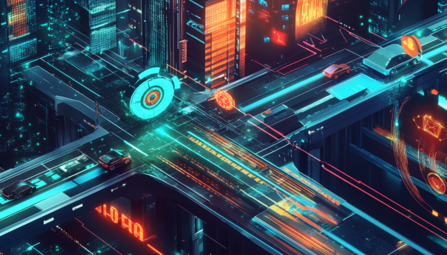 A futuristic scene depicting digital finance, with elements like the Central Bank of Brazil's logo, Visa, Santander, and smart contracts, all interwoven with symbols of financial transactions, automobiles, and foreign exchange.