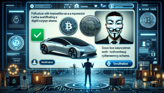 A YouTube channel interface showing a fake Elon Musk in a livestream promoting a crypto scam, with elements of Tesla branding and a verification tick, juxtaposed with a background of cybercrime and AI elements.