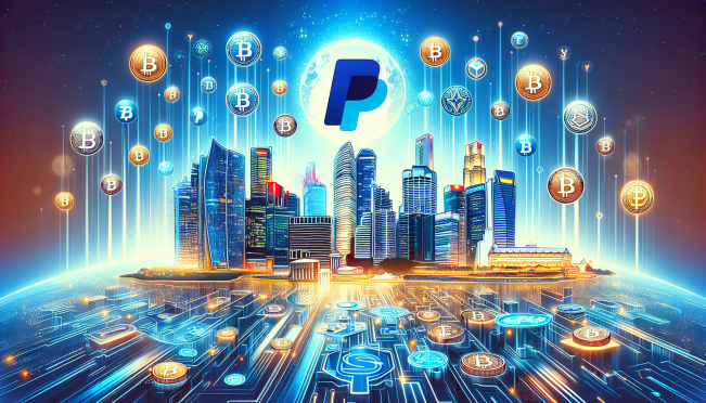 A digital illustration showing a diverse range of cryptocurrencies with PayPal's PYUSD in the forefront, signifying its addition to Triple-A's payment options, set against a futuristic Singapore skyline.