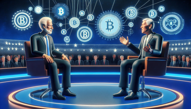 A dynamic debate stage featuring Donald Trump and Joe Biden, with visual elements representing cryptocurrency such as Bitcoin symbols, blockchain graphics, and digital financial charts.