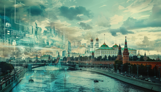 An image of the Russian landscape intertwined with digital elements representing the digital ruble, including banks, citizens using digital wallets, and a timeline showing the delayed rollout.