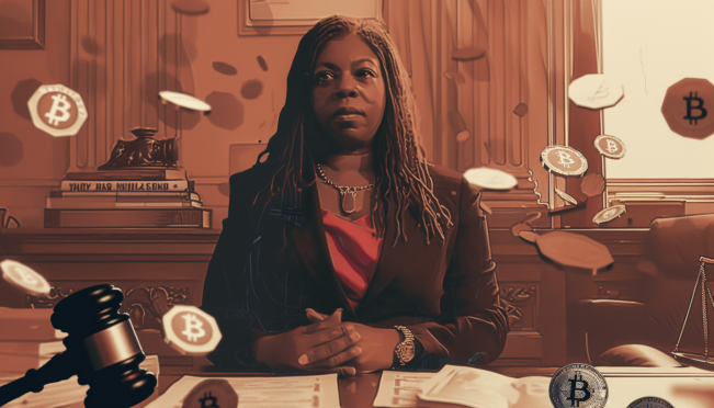 A dynamic and intense courtroom scene with Letitia James standing confidently, surrounded by symbolic elements of cryptocurrency like Bitcoin and Ethereum logos, alongside images of legal documents and a gavel.