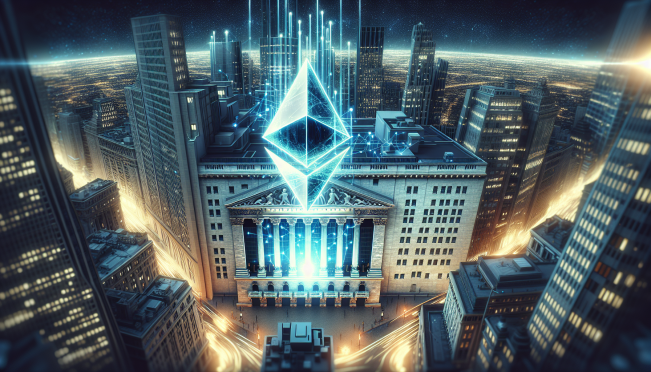 A dynamic and futuristic image showing the SEC building with the Ethereum logo in the background, symbolizing the regulatory and market dynamics of cryptocurrency ETFs. Include elements of the New York Stock Exchange building to highlight the listing proposal.