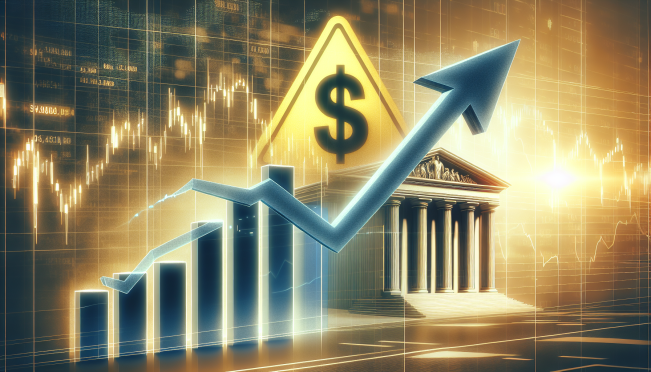 An image depicting a graph of the S&P 500 with a rising trend, juxtaposed with a caution sign symbolizing a warning from JPMorgan about potential market correction