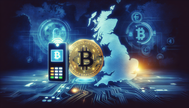 A digital illustration of the Coinbase logo and Apple Pay icon coming together over a map of the United Kingdom, symbolizing the integration of cryptocurrency transactions with mainstream payment methods in the UK. The background is filled with subtle digital and financial symbols to represent growth and innovation in the crypto space.