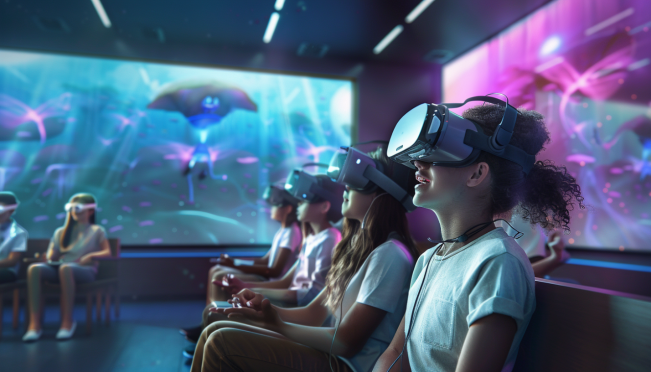 A classroom of students wearing Meta Quest VR headsets, immersed in a virtual environment with educational content, futuristic classroom setting