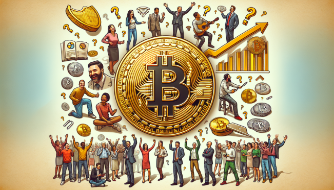 A visual representation of Bitcoin's growth and challenges, featuring a large, golden Bitcoin emblem in the center surrounded by various symbols such as a celebratory crowd, a graph showing upward growth, a half coin representing the halving, and question marks symbolizing the challenges ahead.