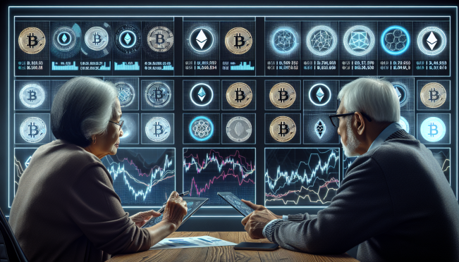 An elderly couple reviewing their self-managed pension fund allocation with cryptocurrency symbols and financial charts in the background, highlighting both growth and risk.