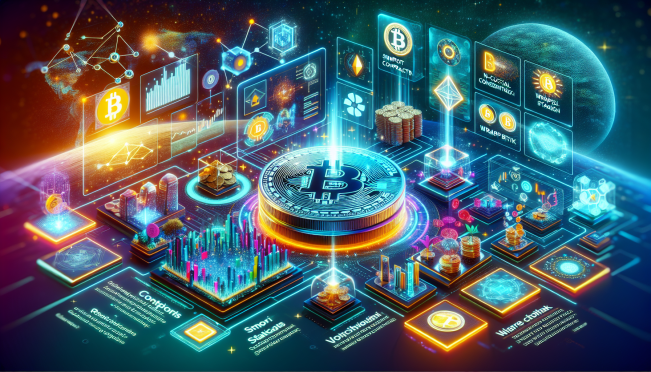 A futuristic representation of a digital Bitcoin ecosystem with a focus on Core's components like smart contracts, Satoshi Plus consensus, non-custodial staking, and wrapped Bitcoin. Use vibrant colors and advanced technology elements.